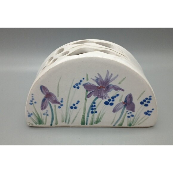 Ceramic Art Piece Vase Hand Thrown Painted Iris Floral Arrangement - Picture 2 of 9